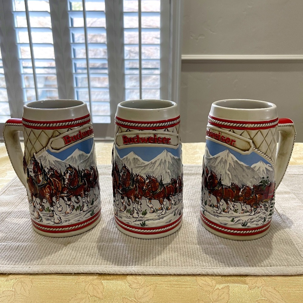 (3) Ceramarte Brazil 1985 LE Budweiser Winter Scene Clydesdales Steins - New